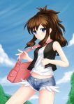  1girl bag blue_eyes brown_hair clouds denim denim_shorts highres kerasu long_hair looking_at_viewer no_hat open_mouth pokemon pokemon_(game) pokemon_bw ponytail shorts sky solo touko_(pokemon) vest 