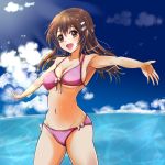  1girl bikini brown_hair front-tie_top hair_ornament hairclip highres long_hair niimi_haruka_(photokano) open_mouth outstretched_arms photokano side-tie_bikini smile solo swimsuit tranquilizer_(bestcenter) water 