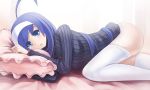  1girl ahoge blue_eyes blue_hair hairband highres huge_ahoge long_hair lying naked_sweater no_panties on_side orie_(under_night_in-birth) pillow ribbed_sweater solo sunimu sweater thighhighs turtleneck under_night_in-birth white_legwear 