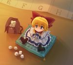  1girl bag blonde_hair blue_eyes boots bow cushion dress from_above hair_bow highres jade_(zbbc) long_hair looking_at_viewer looking_up minigirl shanghai_doll sitting solo touhou 