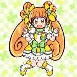  1girl :d boots bow brooch brown_eyes brown_hair checkered checkered_background choker cure_rosetta dokidoki!_precure double_bun dress earrings floral_background flower guardias hair_flower hair_ornament hair_ribbon jewelry knee_boots long_hair magical_girl open_mouth pose precure puffy_sleeves ribbon smile solo twintails wrist_cuffs yotsuba_alice 