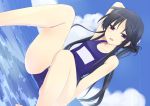  1girl arm_up black_hair blush clouds long_hair open_mouth original partially_submerged school_swimsuit sitting sky swimsuit tachibana_(pixiv) violet_eyes water 