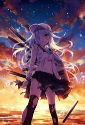  1girl black_legwear blue_eyes hat kantai_collection long_hair looking_at_viewer navel pantyhose personification pleated_skirt school_uniform serafuku silver_hair skirt solo star thighhighs torn_clothes torn_pantyhose verniy_(kantai_collection) yunco zettai_ryouiki 