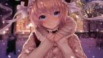  1girl acfun acfun_girl artist_request blonde_hair blue_eyes blush bun_cover coat highres lamppost li27n light_particles original short_hair smile snow snowing solo tree winter 