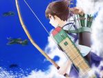  1girl airplane archery arrow blush bow_(weapon) brown_eyes brown_hair clouds japanese_clothes kaga_(kantai_collection) kantai_collection kyuudou muneate personification quiver short_hair side_ponytail single_glove skirt sky solo weapon yugake 