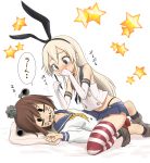  2girls ahenn black_eyes blonde_hair blush brown_hair closed_eyes covering_mouth drooling elbow_gloves girl_on_top gloves hairband headgear highres kantai_collection laughing long_hair lying marker multiple_girls on_back personification pillow school_uniform serafuku shimakaze_(kantai_collection) short_hair skirt sleeping star tears thighhighs white_background white_gloves yukikaze_(kantai_collection) 