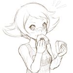  1girl bandaid bandaid_on_nose blush eating food food_on_face gym_leader highres monochrome onigiri pokemon pokemon_(game) pokemon_dppt refuto rice_on_face short_hair sketch small_breasts solo sumomo_(pokemon) 