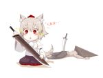  1boy 1girl animal_ears bare_shoulders blush bobomaster chibi detached_sleeves faceplant hat inubashiri_momiji pyramid_head red_eyes short_hair silver_hair simple_background sparkle sword tail tokin_hat touhou weapon white_background wolf_ears wolf_tail 
