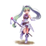  1girl amelia00 boots cravat frey_(rune_factory) gloves green_eyes green_hair hoe jewelry long_hair miniskirt rune_factory rune_factory_4 skirt sleeveless smile solo tiara twintails worktool 