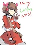  1girl 2013 absurdres bag bow brown_hair capelet character_request christmas earmuffs gloves green_eyes hair_bow highres merry_christmas red_seiryu satchel short_hair smile solo v 