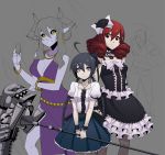  3girls :&lt; ahoge alternate_costume alternate_hairstyle bangle black_hair black_sclera blue_eyes bracelet braid breasts choker cleavage cup demon_girl demon_horns drill_hair drill_kill earrings fearless_night fernandez_(fearless_night) flat_chest frills highres horns jewelry multiple_girls necklace original pearl_necklace pointy_ears purple_skin red_eyes redhead scythe skirt smile spikewible twin_braids updo wine_glass work_in_progress wrist_cuffs yellow_eyes 