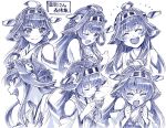 1girl ahoge bare_shoulders character_sheet closed_eyes detached_sleeves double_bun expressions hair_ornament hairband headgear japanese_clothes kantai_collection kongou_(kantai_collection) long_hair monochrome open_mouth personification sakino_shingetsu sketch smile solo 