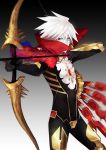  1boy armor arrow blue_eyes bodysuit bow_(weapon) cape fate/extra_ccc fate_(series) fur_trim heterochromia launcher_(fate/extra_ccc) red_eyes sindri solo weapon white_hair 