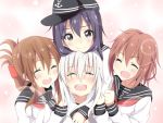  4girls akatsuki_(kantai_collection) black_hair blush brown_hair bust fang folded_ponytail grey_eyes hair_ornament hairclip hat hibiki_(kantai_collection) hitotukinanoka hug hug_from_behind ikazuchi_(kantai_collection) inazuma_(kantai_collection) kantai_collection long_hair multiple_girls neckerchief no_hat open_mouth school_uniform serafuku short_hair smile tears white_hair 