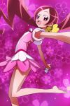  1girl barefoot bottle cure_blossom hanasaki_tsubomi haruyama_kazunori heartcatch_precure! long_hair looking_at_viewer magical_girl open_mouth pink_background pink_eyes precure redhead skirt solo spray_bottle transformation twintails 