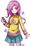  1girl bird bird_on_hand blue_eyes blush breasts butterfly fluttershy hua long_hair looking_at_viewer my_little_pony my_little_pony_friendship_is_magic personification pointy_ears purple_hair simple_background sketch skirt smile solo thighhighs white_background white_legwear 
