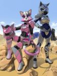  2girls armor blue_eyes blue_fur canyon cat fox green_eyes gun heart helmet high_heels julius_cowan katt_monroe krystal open_visor pink_fur rock star_fox tail white_hair 