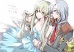  1boy 1girl bishnal_(rune_factory) blue_hair breasts cleavage couple dress frey_(rune_factory) green_hair long_hair necktie rune_factory rune_factory_4 smile spc 