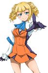  1girl blonde_hair blue_eyes blush blush_stickers breasts cravat dress drill_hair gloves gundam gundam_build_fighters juliet_sleeves long_sleeves nikyu puffy_long_sleeves puffy_sleeves quad_drills short_hair smile solo standing whip yajima_caroline 