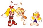  3girls =_= bandaid blonde_hair blue_eyes blush_stickers call_(mighty_no._9) call_e call_f call_h garrison_cap green_eyes hat headphones headset long_hair mighty_no._9 multicolored_hair multiple_girls multiple_persona pontata ponytail robot_joints side_ponytail twintails two-tone_hair 