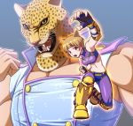  1boy 1girl animal_head boots breasts brown_hair crop_top fangs female fingerless_gloves fukuda_noriko gloves greaves idolmaster idolmaster_million_live! jaguar king_(tekken) knee_boots knee_pads male midriff muscle navel sat short_shorts shorts spandex tekken wrestling_outfit 