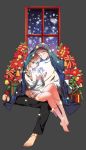  1boy 1girl barefoot bell blanket blonde_hair blue_eyes box braid brown_hair christmas couple flower highres hug legs long_hair original pants short_hair single_braid smile star sweater window 