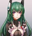  1girl bodysuit breasts gradient gradient_background green_hair looking_at_viewer original smile solo taishi_(artist) v violet_eyes 