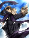  2boys :&gt; brown_hair closed_eyes cross cross_necklace fate/zero fate_(series) father_and_son grey_hair jewelry kotomine_kirei kotomine_risei manly multiple_boys necklace scarf sky velvelumpileuspil 