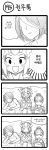  4koma :d chips comic crown fiora_laurent green_dew greyscale highres jarvan_lightshield_iv korean league_of_legends monochrome open_mouth pajamas ponytail shauna_vayne short_hair smile sunglasses translation_request 