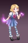  1girl blonde_hair blush finger_writing hair_ornament hairclip heart kerasu looking_at_viewer magic original school_uniform short_hair solo striped striped_legwear thighhighs violet_eyes 