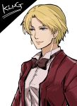  1girl blonde_hair blue_eyes bust character_name earrings formal half-closed_eyes jewelry king_(snk) king_of_fighters kurumi_sawa ryuuko_no_ken short_hair smile solo suit white_background 