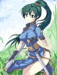  1girl blush echizen_(hvcv) fingerless_gloves fire_emblem fire_emblem:_rekka_no_ken gloves green_eyes green_hair high_ponytail highres kneeling long_hair lyndis_(fire_emblem) ponytail solo sword weapon 