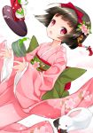  1girl black_hair bow cup dutch_angle flower food green_tea hair_bow hair_flower hair_ornament japanese_clothes juna kimono mochi obi original rabbit red_eyes sandals solo tray wagashi 