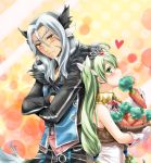  1boy 1girl animal_ears blue_hair blush carrot couple crossed_arms diras frey_(rune_factory) green_hair jewelry long_hair nakamasomo rune_factory rune_factory_4 sleeveless smile tan tiara twintails yellow_eyes 