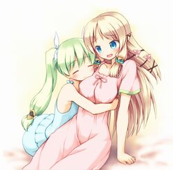  2girls akeyama blonde_hair blue_eyes blush breasts closed_eyes frey_(rune_factory) green_hair hug long_hair margaret_(rune_factory) multiple_girls nightgown rune_factory rune_factory_4 twintails 