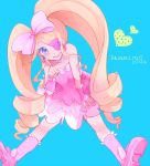  1girl bare_shoulders blonde_hair blue_background blue_eyes boots bow character_name choker collarbone colored_eyelashes dress drill_hair earrings eyepatch hair_bow harime_nui index_finger_raised jewelry kill_la_kill knee_boots long_hair pink_dress reira_(opc) shoulderless_dress sitting skirt smile solo twin_drills twintails wrist_cuffs 