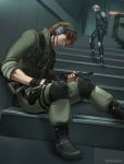  2boys brown_hair gun headphones kuren metal_gear_solid_2 multiple_boys raiden sleeping solid_snake stairs weapon white_hair 