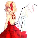  1girl bare_back blonde_hair dress finger_to_mouth flandre_scarlet formal hair_ribbon italy-love looking_back no_hat one-eyed red_dress red_eyes ribbon short_hair solo touhou white_background wings 