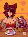  1girl :t animal_ears bandeau bare_shoulders borrowed_character breasts cake cat_ears choker cleavage commentary dalehan eating elbow_gloves food fork gloves goggles goggles_on_head large_breasts lips nellko_agogo original redhead short_hair slit_pupils tentacles yellow_eyes 