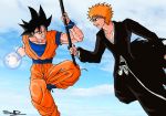  2boys black_hair bleach crossover dragon_ball dragon_ball_z electricity katana kurosaki_ichigo multiple_boys orange_hair short_hair son_gokuu sword weapon 