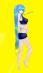  1girl absurdres aqua_hair back barefoot berserkert blue_eyes breasts dimples_of_venus highres league_of_legends long_hair short_shorts shorts soles solo sona_buvelle sports_bra twintails very_long_hair watermark web_address yellow_background 