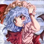  1girl ascot bat_wings blouse blue_background blue_hair brooch bust eyelashes hand_on_hat hat hat_ribbon jewelry kamui_setsuna lace_border lips looking_at_viewer mob_cap parted_lips red_eyes remilia_scarlet ribbon short_hair short_sleeves solo striped striped_background touhou wings wrist_cuffs 