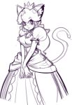  1girl animal_ears breasts cat_ears cat_tail crown dress gown kemonomimi_mode lips long_dress long_hair monochrome princess_peach puckered_lips puffy_short_sleeves puffy_sleeves sho-n-d short_sleeves solo super_mario_bros. tail v_arms 