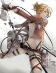  1girl annie_leonhardt belt blonde_hair blue_eyes buckle debris hood jacket long_sleeves military military_uniform ponytail shingeki_no_kyojin short_hair solo sword three-dimensional_maneuver_gear uniform weapon wire zeb_nakaichi 