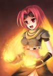  1girl chandra_nalaar fiery_hair fingerless_gloves fire gloves goggles goggles_on_head hair_intakes highres kerasu long_hair magic:_the_gathering midriff open_mouth red_eyes redhead skirt smile solo 