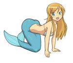  1girl blonde_hair blue_eyes blush drawfag fang hair_ribbon highres kousaka_kirino long_hair mermaid monster_girl ore_no_imouto_ga_konna_ni_kawaii_wake_ga_nai ribbon shell shell_bikini solo 