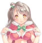  1girl blush bow bra breasts brown_eyes brown_hair capelet cleavage hair_bow long_hair looking_at_viewer love_live!_school_idol_project mikage_sekizai minami_kotori santa_costume side_ponytail smile solo underwear wristband 