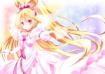  1girl aida_mana bare_shoulders blonde_hair bow brooch choker cure_heart curly_hair dokidoki!_precure dress earrings engage_mode_(dokidoki!_precure) frills gloves hair_ornament half_updo heart heart_hair_ornament highres jewelry long_hair magical_girl outstretched_hand pink_eyes ponytail precure rainbow_background ribbon shoulderless_dress smile solo veil yayayoruyoru 