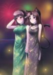  2girls animal_ears arm_up bare_shoulders blush brown_eyes brown_hair cat_ears cat_tail china_dress chinese_clothes cross dress fireworks hairband interlocked_fingers jewelry kerasu long_hair multiple_girls necklace night original pointy_ears red_eyes smile tail thighhighs violet_eyes watch wings yuri 