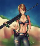  1girl bikini_top blue_eyes breasts brown_hair cleavage contrapposto dated fingerless_gloves front-tie_bikini gloves gun hand_on_hip highres kuso large_breasts long_hair metal_gear_solid metal_gear_solid_v navel over_shoulder ponytail quiet_(metal_gear) rifle scope sniper_rifle solo suspenders torn_clothes torn_pants underboob weapon weapon_over_shoulder 